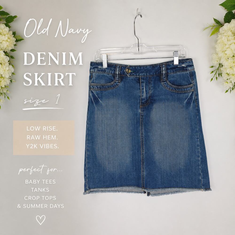 Old Navy Denim Skirt Size 1 Blue Low Rise Raw Hem Knee Length Y2K Coquette 2000